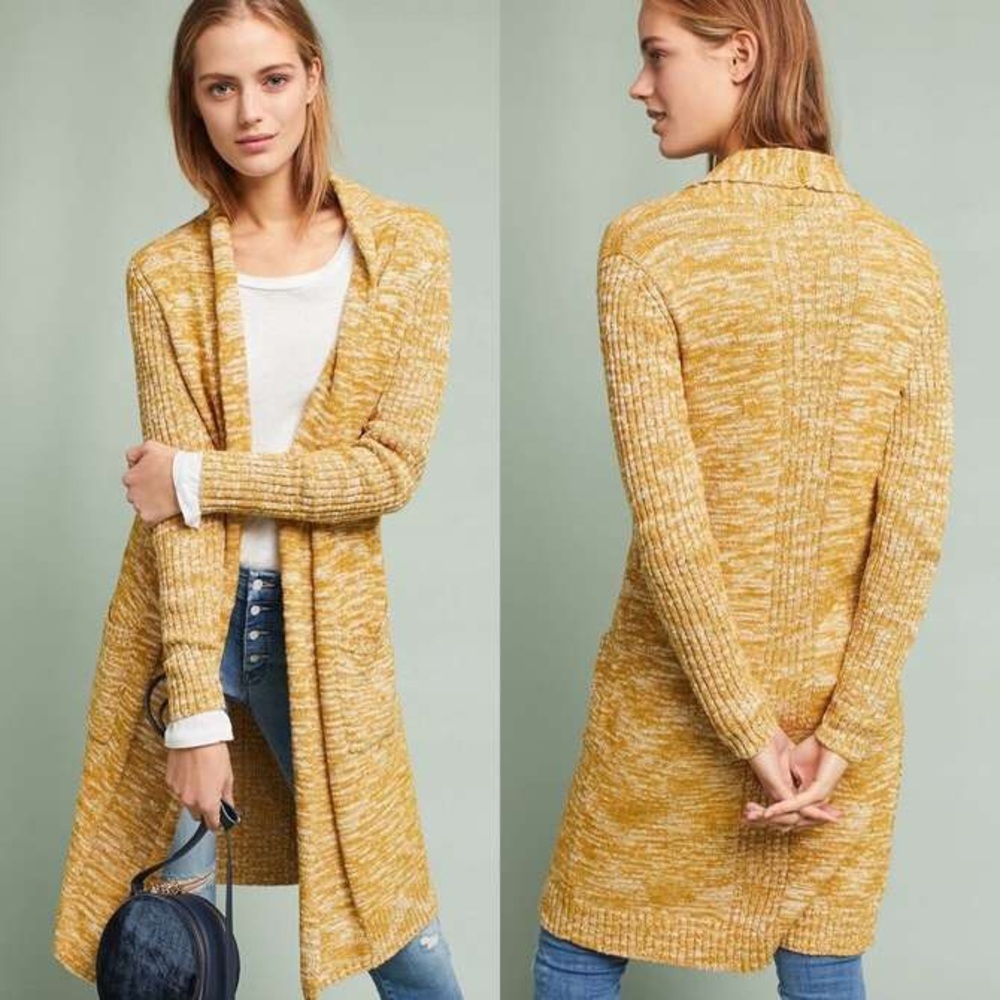 Anthropologie Mustard Yellow and Cream Long Open Front Cardigan Size XS
